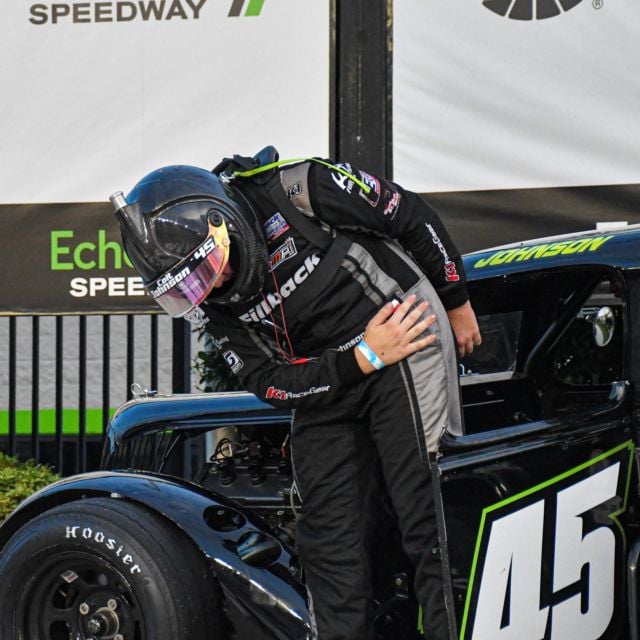Colt Johnson takes a bow in EchoPark Speedway victory lane following his Young Lions victory. 