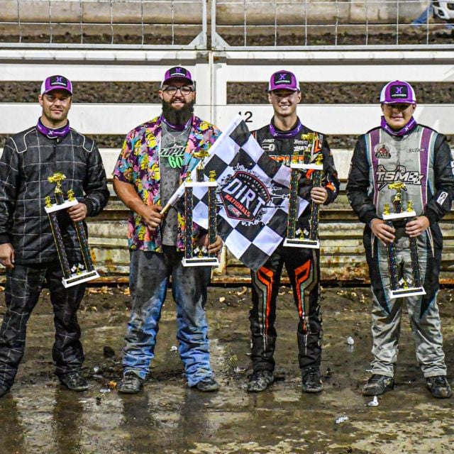 2025 Legend Car Dirt Nationals Champions (L-R): Sean Johnson (Masters), Preston Martin (Pro), Noah Madler (Semi-Pro), and Colton Brock (Ohio).