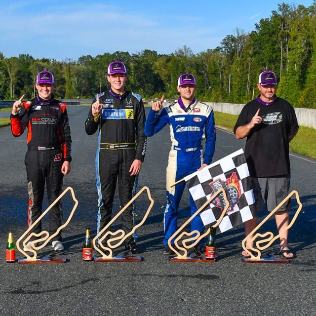 The 2025 INEX Road Course World Finals Champions: Spencer Bradshaw (Young Lions), Josh Dickens (Semi-Pro), Landen Lewis (Pro), and Zeke Hanger (Masters).