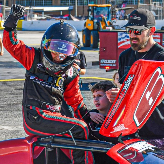 Maverick Bradshaw celebrating his Bandits victory with his father.