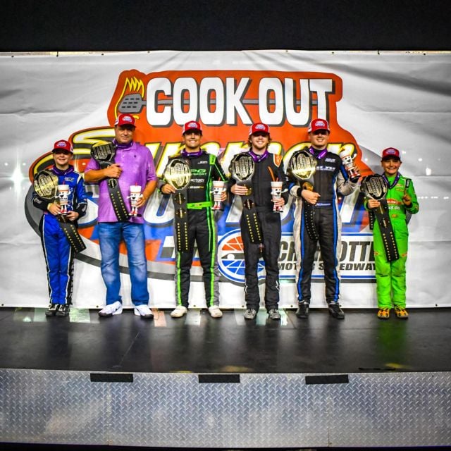 The 2025 Cook Out Summer Shootout Champions (L-R): Landon Thrasher (Outlaws), Robby Faggart (Masters), Jake Bollman (Pro), Sam Butler (Semi-Pro), Ben Morabito (Young Lions), and Brexton Busch (Bandits)