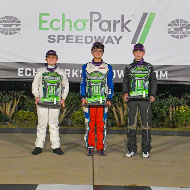 The 2026 INEX Bandolero Championship Nationals Champs (L-R): Daylen Pennington (Bandits), Lucas McFall (Outlaws), and Chandler Stanley (Beginners)