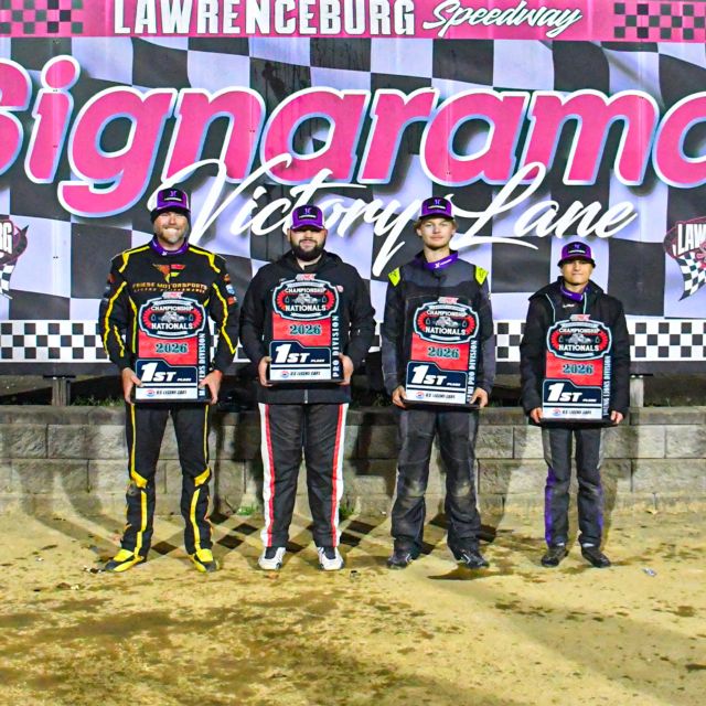 The 2026 Legend Car Dirt Championship Nationals feature winners (L-R): Jeremy Ott (Masters), Alex McCollum (Pro), Hayden Schmuhl (Semi-Pro), Eli Black (Young Lions)