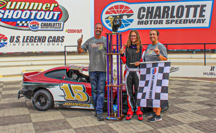 The Johnson Family stands in victory lane after Alison's history-making victory at the 2023 Bandolero Nationals.