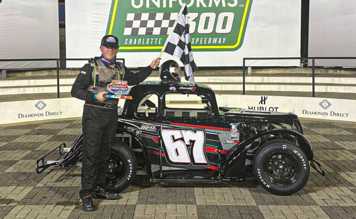 Cameron Bolin in Charlotte Motor Speedway victory lane after winning Round 1 in the Pro Division during the 2023 Summer Shootout.