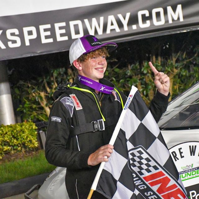 Carson Sherman in EchoPark Speedway victory lane after winning a Thursday Thunder feature.