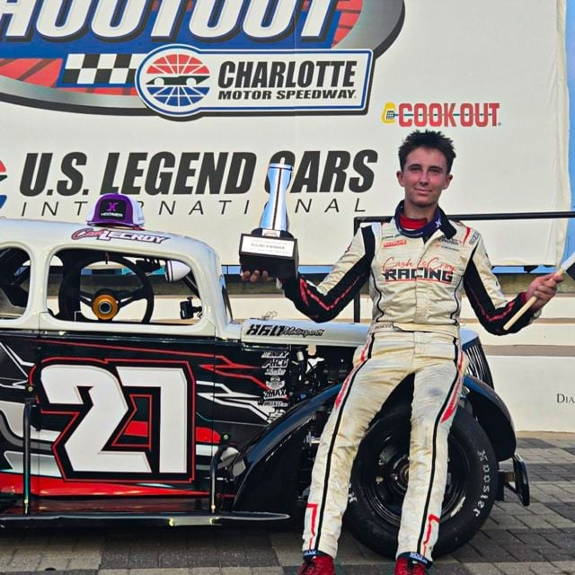 Cash LeCroy with his Legend Car in Charlotte Motor Speedway victory lane during the 2025 Cook Out Summer Shootout.