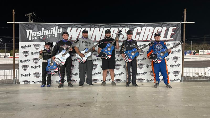 The 2023 Nashville Spring Series champions pose with their first-place guitars (L-R, Landon Thrasher, Bandits; Michael Crafton, Semi-Pro; Kevin Rollins, Masters; Alex McCollum, Pro; Jackson Denton, Young Lions; Jayden Johnson, Outlaws)