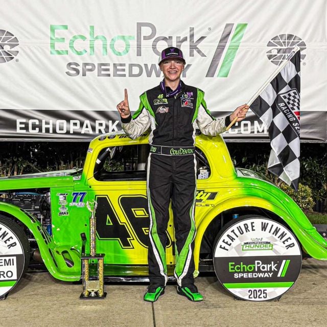 Cole Denton in EchoPark Speedway victory lane in 2025 after a Thursday Thunder victory.