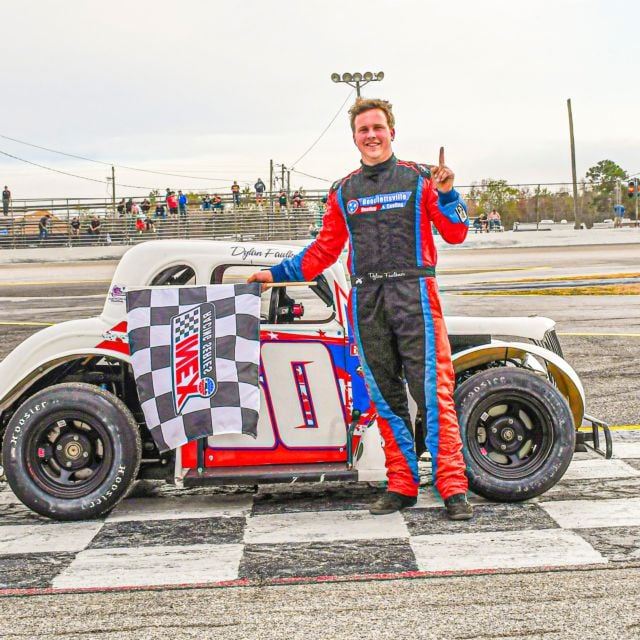 Dylan Faulkner at Auburndale Speedway following his victory during the 2026 INEX Winter Nationals. 