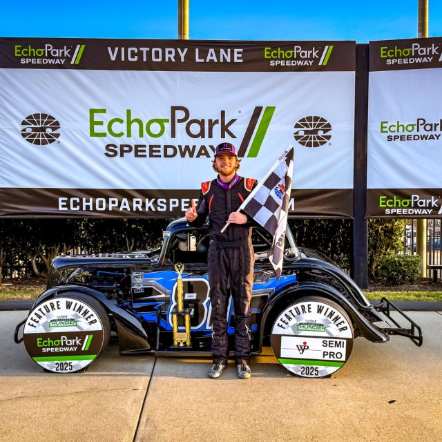 Sam Butler parked his Legend Car in EchoPark Speedway victory lane during the first round of 2025 Thursday Thunder. 