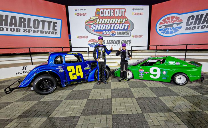Joel (24) and Jack Smith (9) pose together in Charlotte Motor Speedway victory lane during the 2022 Cook Out Summer Shootout.
