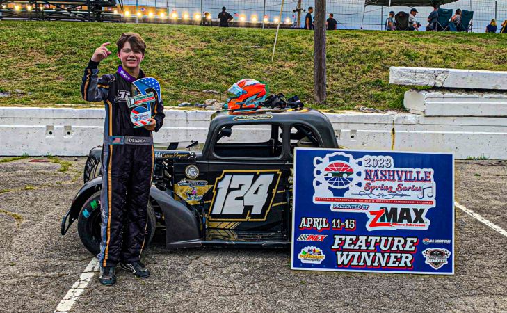 Jackson Denton celebrates winning at Nashville Fairgrounds Speedway during the 2023 Nashville Spring Series