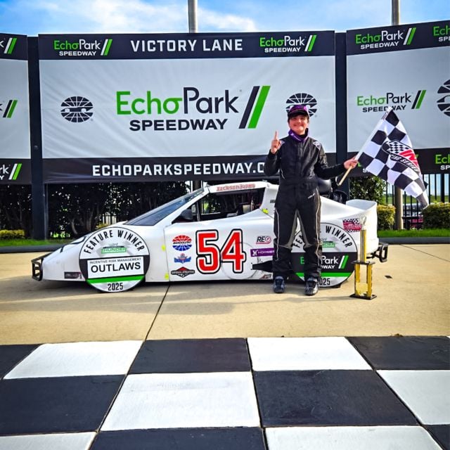 Jackson Jones in EchoPark Speedway victory lane during the 2025 Thursday Thunder series.