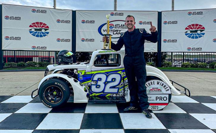 Jensen Jorgensen in Atlanta Motor Speedway victory lane in 2023 after winning during Thursday Thunder.