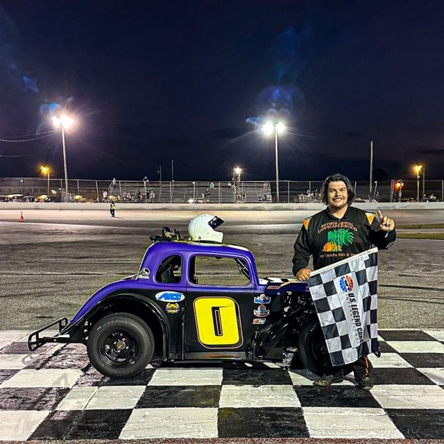 Jerrod Holle with his Legend Car following a Round 1 victory during the 2025 INEX Winter Nationals