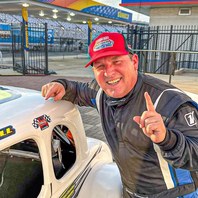 Jesse Bunnell celebrates in Charlotte Motor Speedway victory lane after winning Round 2 of the Cook Out Summer Shootout.