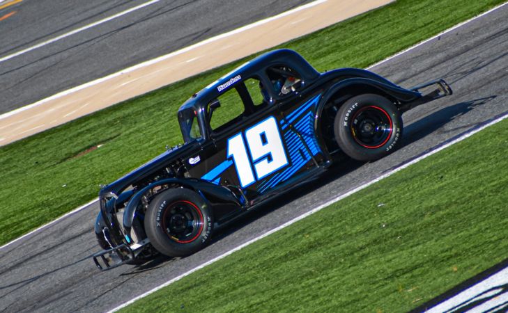 Kaeden Ballos wheeling his Legend Car around the quarter-mile at Charlotte Motor Speedway