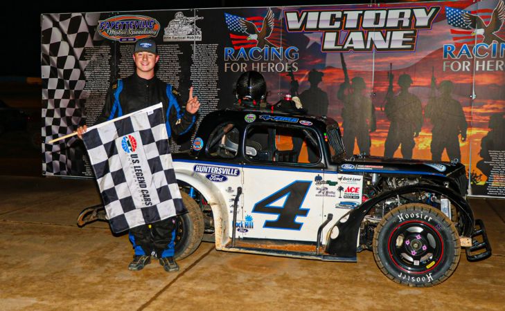 Ryan Zima in Fayetteville Motor Speedway victory following his 2023 Legend Car Young Lions Dirt National feature victory.