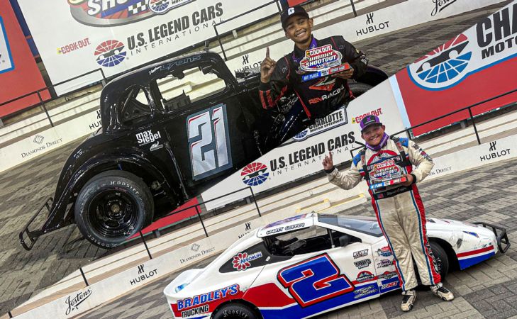 Nathan Lyons (21) and Wyatt Coffey (2) pose in Charlotte Motor Speedway victory lane