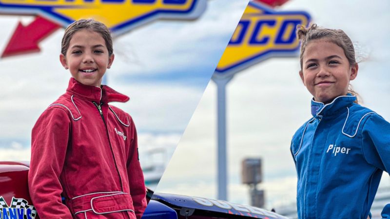 Sisters Amelia (left) and Piper Suell (right) pose by their Bandoleros before a race at Las Vegas Motor Speedway.