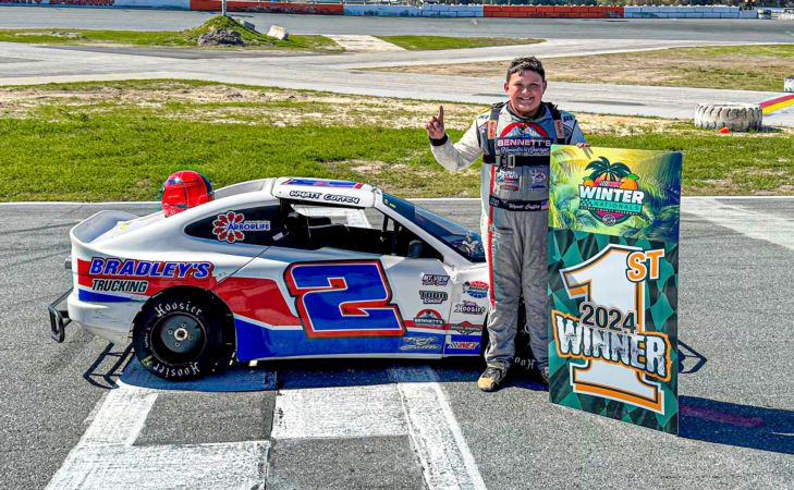 Wyatt Coffey after winning the Round 3 Bandits Feature during the 2024 Winter Nationals at Citrus County Speedway.