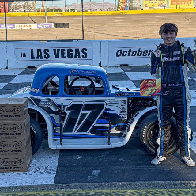 Ben Morabito standing with well earned Bassett rims at The Bullring at LVMS.